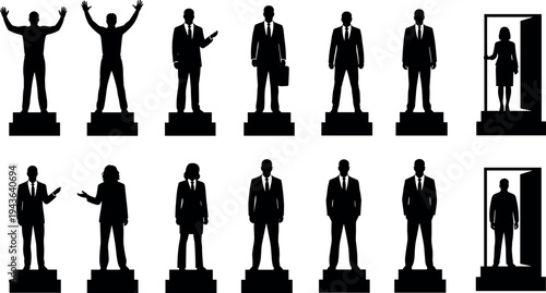 Business people silhouette set standing on podium, businessman and businesswoman poses including presenting, holding briefcase and entering door, corporate leadership concept isolated on white