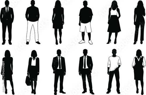 Diverse mega collection featuring business people silhouettes in professional suits alongside urban fashion footwear including sneakers leather boots and high top canvas shoes vectors