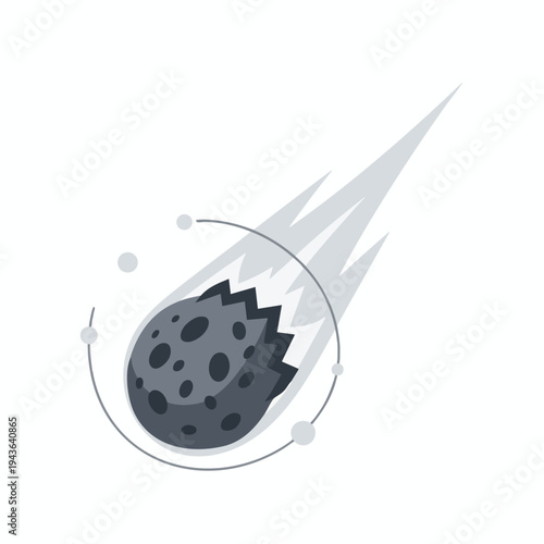 Gray asteroid with jagged edge, circular trail, and streaks of light