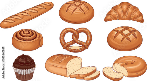 Bakery bread and pastry collection including baguette, croissant, pretzel, bagel, loaf bread and cupcake vector illustration isolated on white background for bakery menu design