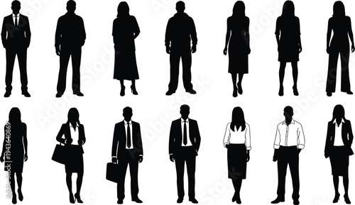 Diverse collection of business people silhouettes and urban fashion footwear featuring professional men women in suits sneakers leather boots and high top canvas shoes