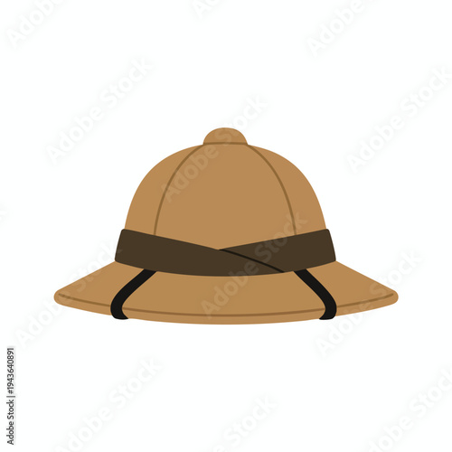 A brown pith helmet with a dark band and chin strap, on white