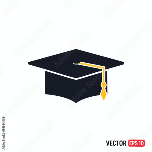 A black graduation cap with a yellow tassel on a white background
