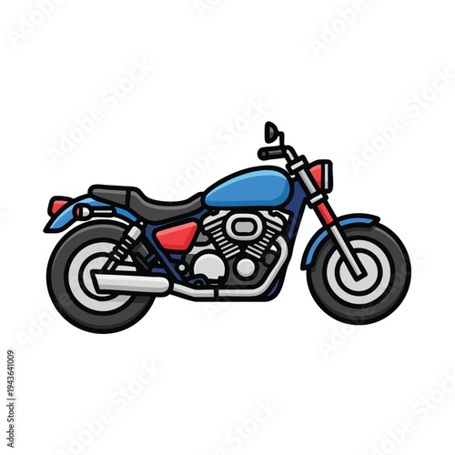 Cartoon illustration of a blue and red motorcycle on a white background