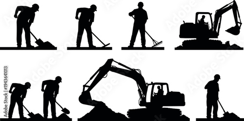 Construction worker and excavator silhouettes set with laborers digging, shoveling and raking ground, heavy equipment work scene isolated on white background for building industry design