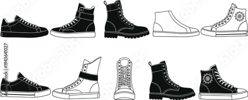Collection of black and white footwear silhouettes featuring urban sneakers leather combat boots high top canvas shoes and athletic footwear vectors for fashion design
