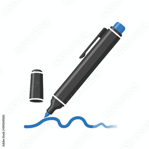 Black marker with blue cap drawing a wavy blue line with cap nearby