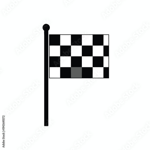 A black and white checkered flag on a pole, with one gray square