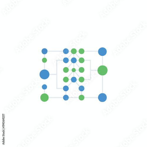 A network of blue and green circles connected by white lines on a white background