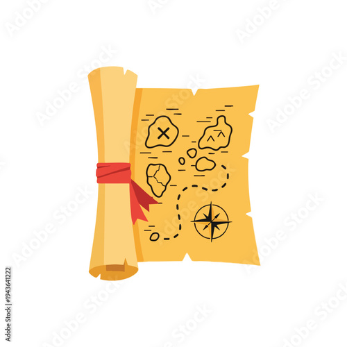 Rolled treasure map with islands, compass, and red ribbon