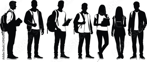 Set of student silhouettes with backpacks holding books and digital tablets standing in various poses isolated on white background vector illustration for education