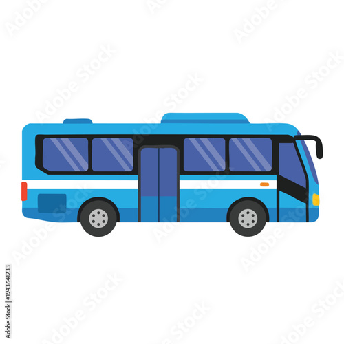 A blue bus with white stripes, tinted windows, and black wheels