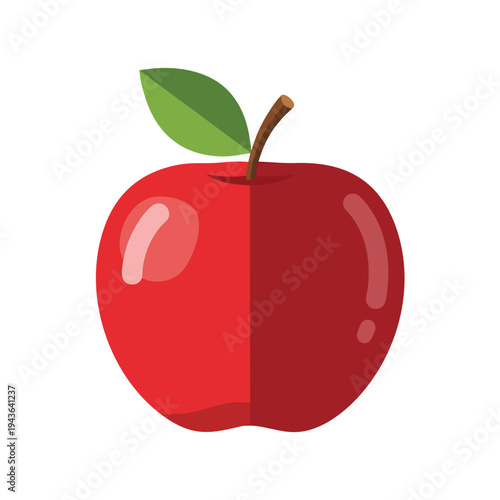 Flat graphic of a red apple with a green leaf and brown stem