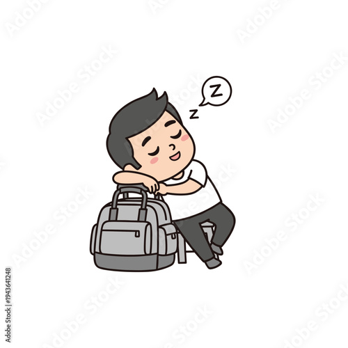 Cute cartoon boy sleeping on grey backpack while waiting for travel