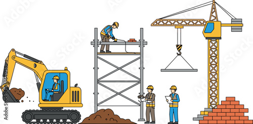 Construction workers and heavy equipment vector illustration with excavator, tower crane, scaffolding and engineers working at building site isolated on white background for industry