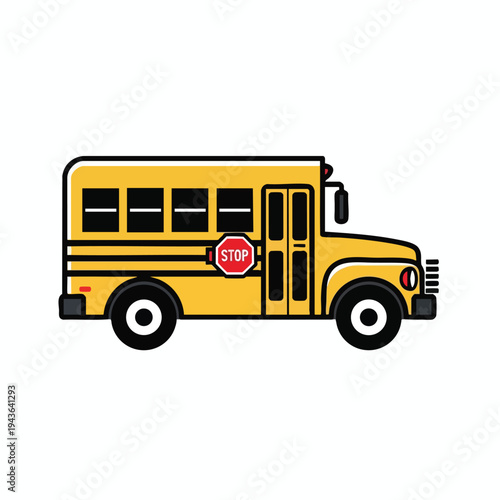 Yellow cartoon bus with stop sign, black wheels, and white window details