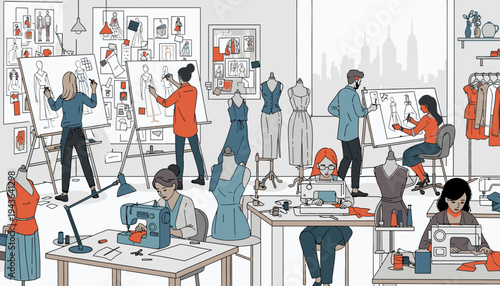 Illustration of a diverse team of designers and artists working collaboratively in a modern, well-lit studio with various creative projects and tools.