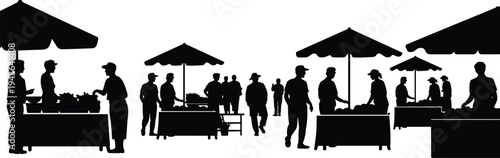 Farmers market street scene silhouette with people buying fresh vegetables and fruits at outdoor stalls local food bazaar vector illustration