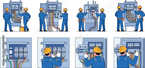 Electrician workers installing and repairing electrical control panel with wiring and circuit breakers, industrial electrical maintenance and power distribution technician illustration set