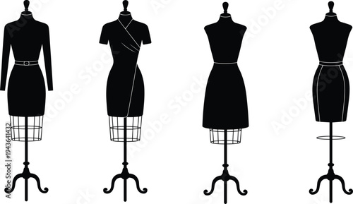 Fashion dress form mannequin silhouettes with elegant women dresses, tailoring and clothing design display set, boutique studio vector illustration collection