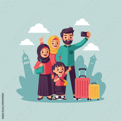 Happy Muslim Family Traveling Together and Taking Selfie Illustration