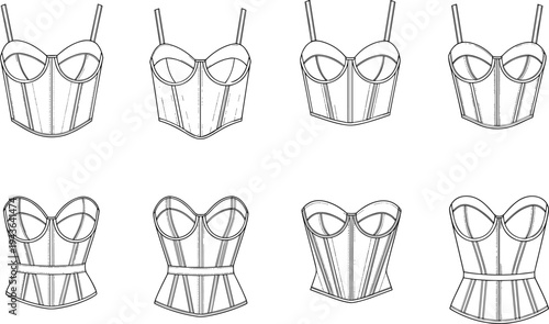 Set of fashion technical sketch of women corset tops with thin straps and strapless necklines isolated on white background vector illustration for design