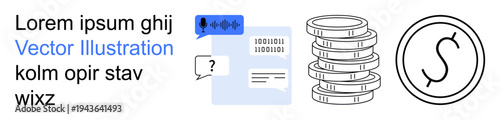 Digital communication, finance, speech recognition, AI technology, online transactions, and modern economy. Stacked coins, sound wave and text messaging icons. Online transactions and digital