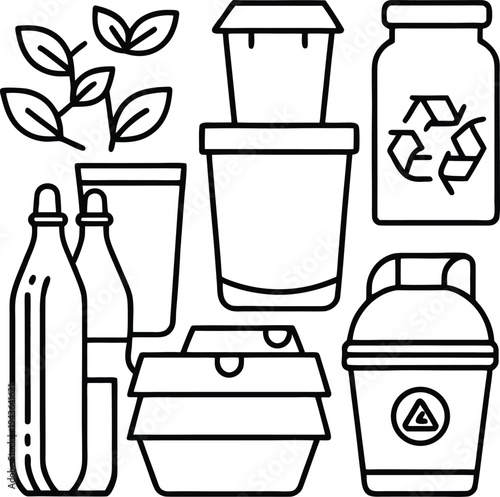 An illustration of sustainable choices, depicting various recyclable items. This design features an array of items, including a recycling symbol, designed to inspire eco-conscious behavior.