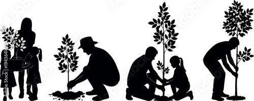Family planting tree silhouette set showing parents and children gardening together, environmental conservation activity, tree planting volunteers illustration isolated on white background