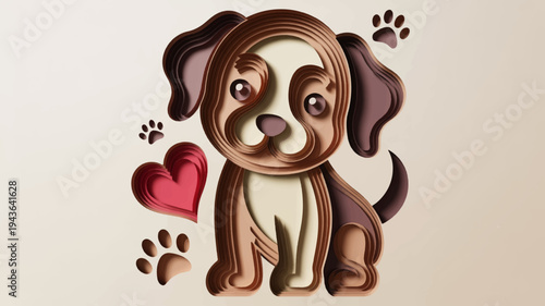 Cute brown puppy with heart and paw prints on beige background adorable illustration for valentine's day or love concept