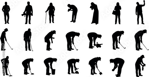 Golf player silhouettes collection with different poses including putting, swinging, carrying clubs and bending actions, sports activity set isolated on white background