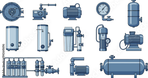 Industrial equipment and machinery set including pumps, pressure tanks, gauges, motors and filtration systems, engineering mechanical components collection isolated on white background