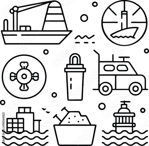 An illustrated maritime collection showcases essential symbols of water transport, with a clean and minimalistic design.
