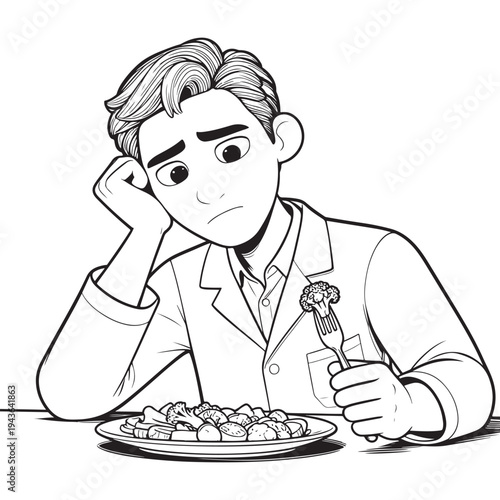 Bored Man Sitting With Food Plate Feeling Uninterested