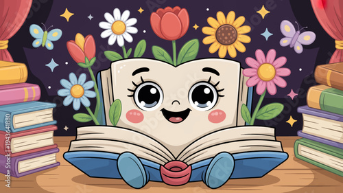 Smiling cartoon bookworm reading with flowers and books around cozy night in with colorful blooms and stacks of books