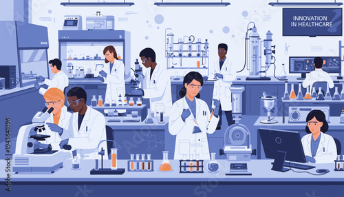 Illustration of diverse scientists working in a laboratory with various equipment and computers, wearing white lab coats, with a predominantly blue color scheme and a clean, modern interior.