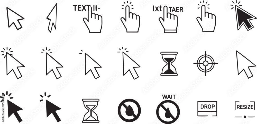 Fototapeta premium Collection of cursor and pointer icons including hand, hourglass, target, and forbidden symbols vector