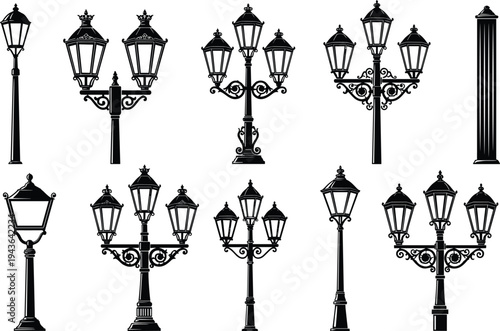 High voltage electric power transmission tower line art illustration, industrial electricity pylon vector silhouettes, energy grid infrastructure icons for engineering and sustainable utility designs.