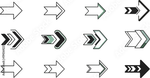 Collection of colorful and black arrow icons in different styles with some highlighted elements for website design user interface and application development