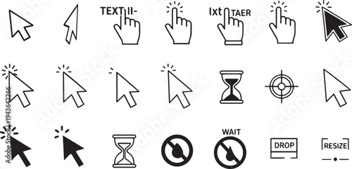 Collection of cursor and pointer icons including hand, hourglass, target, and forbidden symbols vector