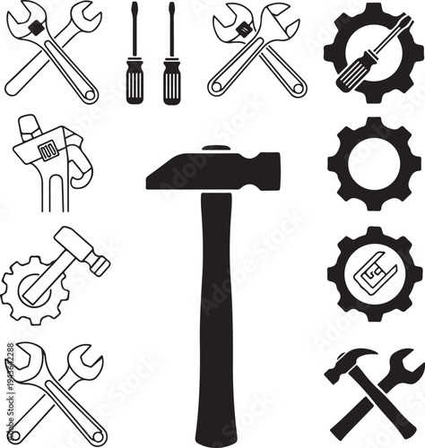 Black and white collection of various tools and equipment icons