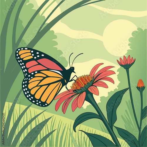 Colorful Butterfly Feeding on Blooming Garden Flower