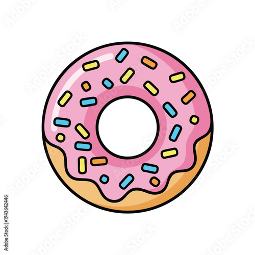 A pink iced donut with colorful sprinkles and a golden-brown dough base