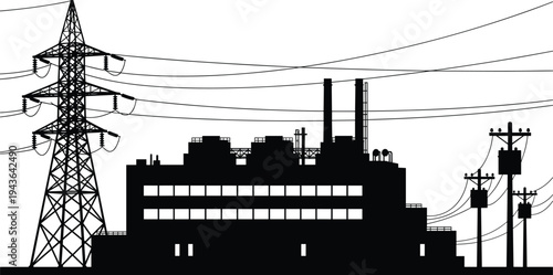 Vector black family silhouette jumping children dog breeds and human head profile set with electrician street lamp and power plant icons isolated on white.