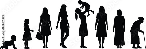 Silhouette of female life cycle from crawling baby to elderly woman representing growth development aging process and different generational stages of life