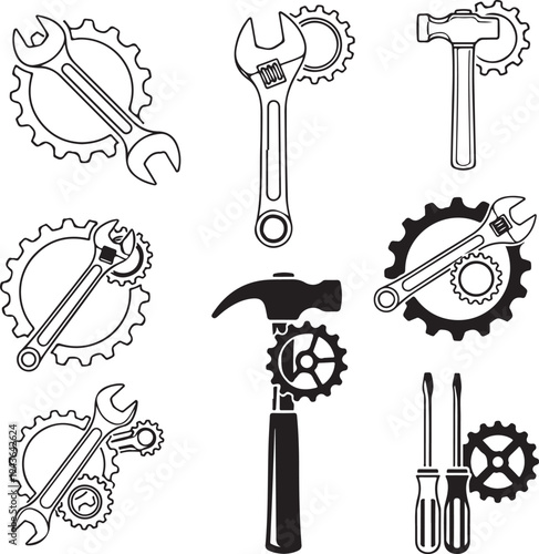 Black and white illustrations of various hand tools and gear icons