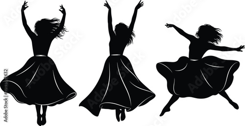 Silhouette of Graceful Women Dancing and a Man Releasing Birds Representing Spiritual Freedom, Success, Peace, Empowerment, and Joyful Personal Achievement