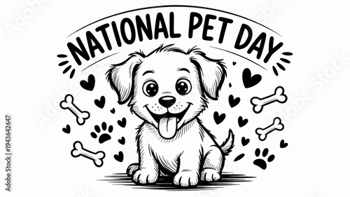 Cute dog illustration for national pet day with hearts and bones