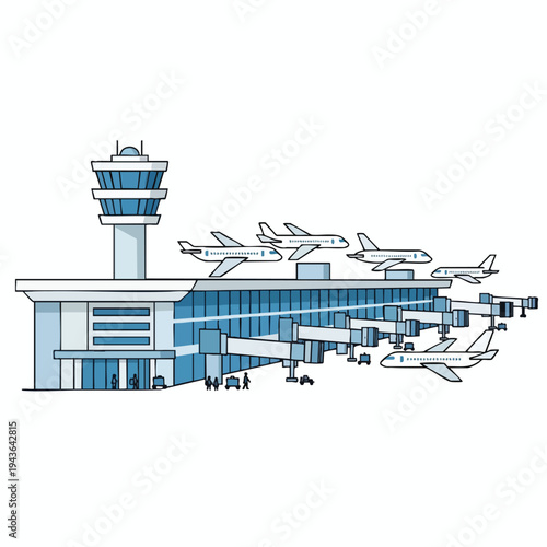 Modern airport with control tower, terminal, jet bridges, and parked aircraft