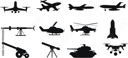 Military aircraft and weapons silhouette set including fighter jets helicopter drone tank missile rocket launcher and artillery defense vector illustration
